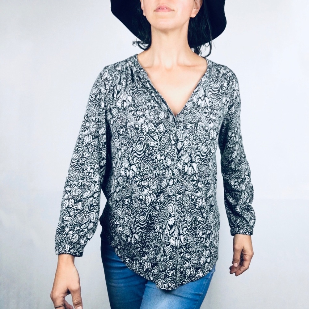 Lucky Brand Peasant Top Black White Print Shirt
